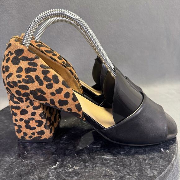Seychelles Leopard Print & Black Leather Peep Toe Block Heels Women's Size 8 US - Picture 3 of 12